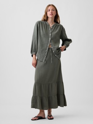 Gap Kadın Haki Pamuk Gauze Tiered Easy Maxi Etek