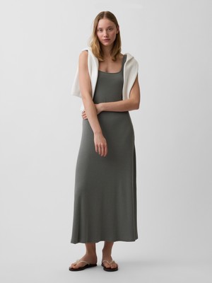 Gap Kadın Haki Modern Fitilli Kare Yaka Maxi Elbise