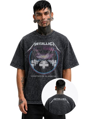 Fuddy Moda Unisex Oversize Metallica Master Of Puppets Ense Baskılı Yıkamalı Rock Band Tişört