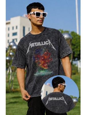 Fuddy Moda Unisex Metallica Hardwired Ense Baskılı Yıkamalı Tişört, Oversize Rock Band Temalı Retro Tshirt