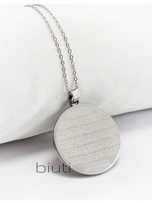 Biuti Çift Taraflı Çelik Kolye, Ön Yüzünde Fatiha Duası Arka Yüzünde Ayetel Kürsi Kolye (3 cm Plaka)