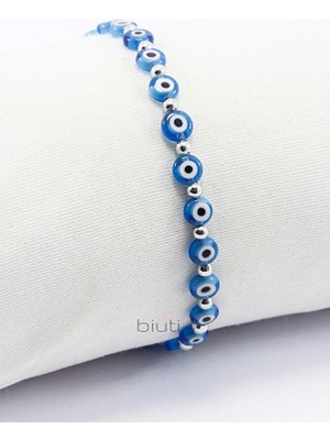 Biuti Turkuaz Cam Nazar Boncuklu Asansörlü Bileklik, El Yapımı Hediyelik Gümüş Renkli Boncuk Detaylı Bileklik