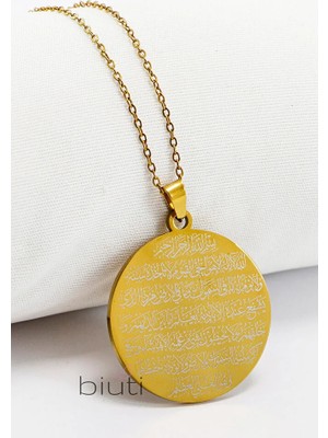 Biuti Paslanmaz 316L Gold Çelik Kolye Lazer Kazıma Önde Dört Kul Ayet Arkada Ayetel Kürsi Yazılı Kolye 3cm