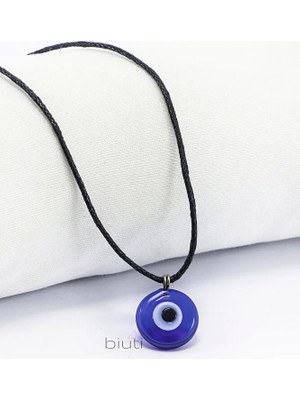 Biuti Deri Ip Lacivert El Yapımı Cam 1,5cm Nazar Boncuğu Kolye