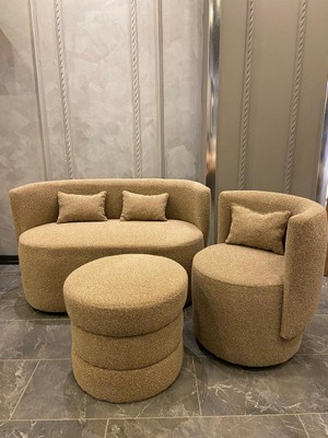 Hoom Concept Teddy Kumaşlı 2'li Koltuk Takımı + Berjer + Puf Seti Konforlu Kahverengi Tasarım