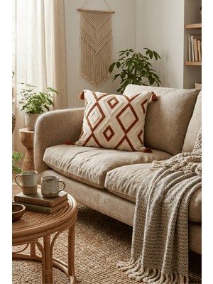 Destiva Home Etnik Geometrik Desenli Püsküllü Pamuk Gizli Fermuarlı Punch Kırlent Kılıfı 42X42CM