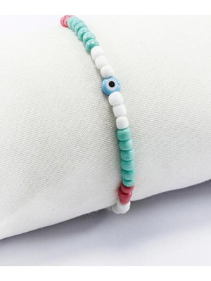 Biuti Turkuaz Beyaz Pembe Boncuklu El Yapımı Cam Mavi Nazar Boncuğu Elastik Bileklik, Hediyelik Bileklik