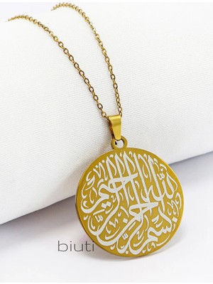 Biuti Paslanmaz 316L Gold Renkli Çelik Kolye Çift Taraflı Inşirah Suresi Besmele 3cm