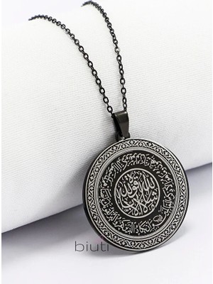 Biuti Zihinsel Huzur Nazar Ayeti & Çerçeveli Fatiha Suresi Işlemeli 316L Çelik Siyah Renkli Kolye 3 cm