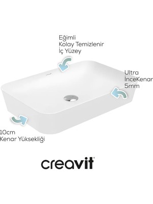 Creavit Ultra Dikdörtgen Beyaz Deliksiz Lavabo 60 Cm UL060