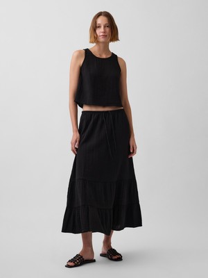 Gap Kadın Siyah Pamuk Gauze Tiered Easy Maxi Etek