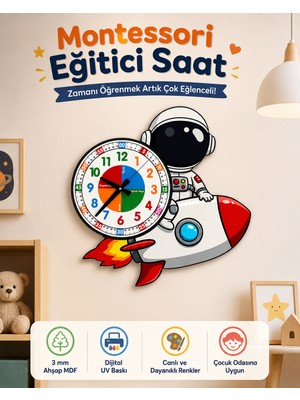 Karbonsoft Sevimli Astronot Montessori Çocuk Odası Eğitici Ahşap Duvar Saati - Sessiz Mekanizma, Şık Tasarım