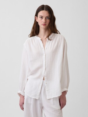 Gap Kadın Beyaz Pamuk Gauze Oversized Yakasız Gömlek