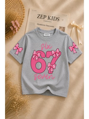 Zepkids Kız Çocuk 67 Baskılı Pamuklu Likralı Gri Renk Oversize Tişört