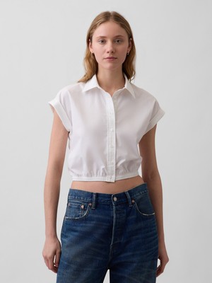 Gap Kadın Beyaz Poplin Cap-Sleeve Crop Bluz