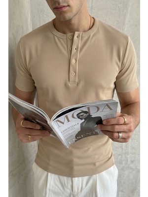 Livio Ferri Liiri %100 Pamuk Premium Fitilli Henley Yaka Yarım Düğmeli Regular Fit Basic Yazlık Erkek Tişört