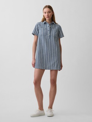 Gap Kadın Mavi Denim Çizgili Popover Mini Elbise