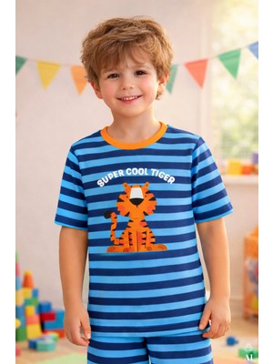 Koza İç Giyim Erkek Çocuk Pamuklu Çizgili Baskılı Kısa Kollu Şortlu Pijama Takımı