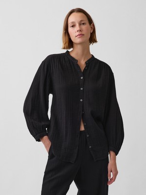 Gap Kadın Siyah Pamuk Gauze Oversized Yakasız Gömlek