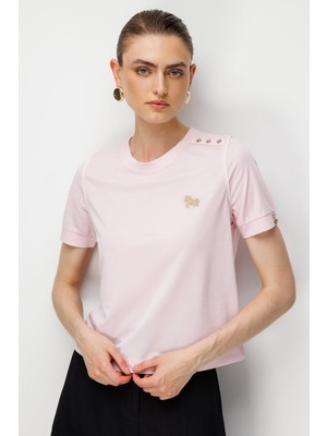 On Kadın Omzu Düğmeli Işleme Detaylı Bluz 71536 Pembe