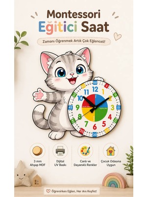 Karbonsoft Sevimli Kedi Montessori Çocuk Odası Eğitici Ahşap Duvar Saati - Sessiz Mekanizma, Şık Tasarım Saat