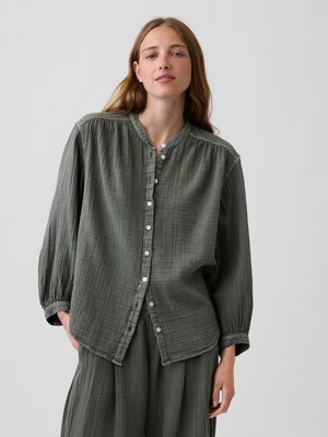Gap Kadın Haki Pamuk Gauze Oversized Yakasız Gömlek