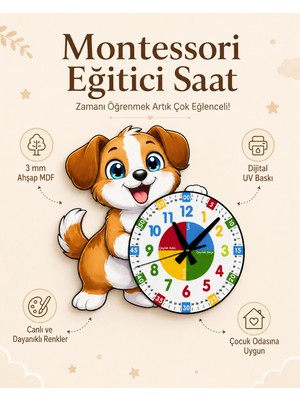 Karbonsoft Sevimli Köpek Montessori Çocuk Odası Eğitici Ahşap Duvar Saati - Sessiz Mekanizma, Şık Tasarım Saat