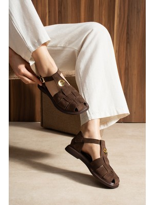 Duxal Shoes Frank Kadın Süet Kafes Sandalet - Yumuşak Tabanlı Tokalı Sandalet