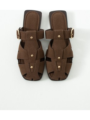 Duxal Shoes Fabian Kadın Camel Süet Kafesli Sandalet Terlik Toka Detaylı