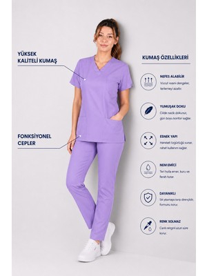Stilmed Üniforma Lila Hemşire ve Doktor Forması Scrubs Takımı Likralı Alt Üst Üniforma Unisex Yarasa Kol
