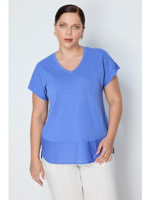On Kadın Büyük Beden V Yaka Parçalı T-Shirt 71476 Indigo