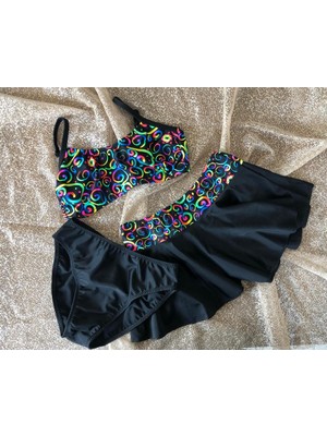Empressco Kız Çocuk Esnek Ayarlanabilir Askılı Siyah Desenli Etekli Bikini Takımı