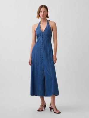 Gap Kadın Mavi Denim Seamed Halter Maxi Elbise
