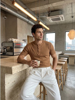 Livio Ferri Liiri %100 Pamuk Premium Fitilli Henley Yaka Yarım Düğmeli Regular Fit Basic Yazlık Erkek Tişört