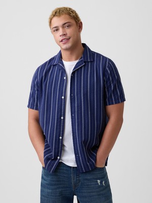 Gap Erkek Lacivert Standart Fit Seersucker Vacay Gömlek
