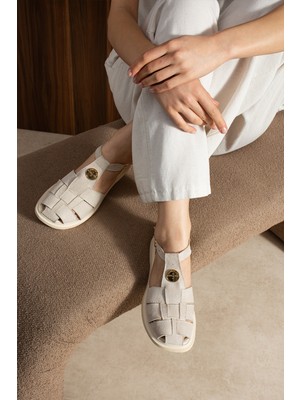 Duxal Shoes Frank Kadın Süet Kafes Sandalet - Yumuşak Tabanlı Tokalı Sandalet