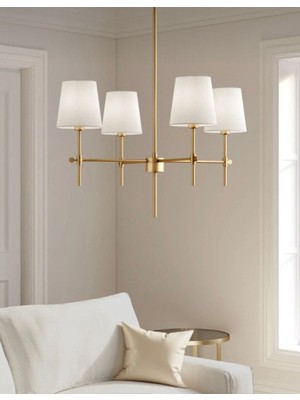 Burenze Modern Tasarım Eskitme Gold Avize 4 Kollu Krem Abajur Salon Oturma Odası Avizesi