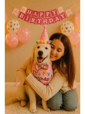 Köpek Kedi Doğum Günü Seti Bandana Şapka Afiş Parti Dekorasyonu, Şapyon Tasma Aksesuarı, Erkek ve Dişi Evcil Hayvanlar Için (Pembe)