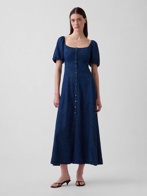 Gap Kadın Koyu Mavi Denim Puff-Sleeve Button-Front Maxi Elbise