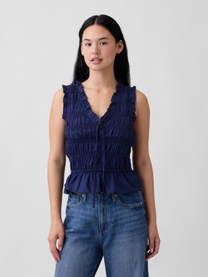 Gap Kadın Lacivert Smocked Kolsuz Bluz