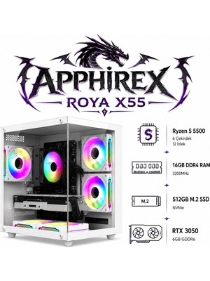 Apphirex Roya X55 Ryzen 5 5500 16GB Ram 512GB M2 SSD RTX3050 Gddr6 Beyaz Masaüstü Oyun Bilgisayarı