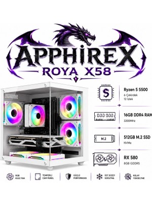 Apphirex Roya X58 Ryzen 5 5500 16GB Ram 512GB M2 SSD RX580 8gb Beyaz Masaüstü Oyun Bilgisayarı
