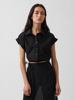Gap Kadın Siyah Poplin Cap-Sleeve Crop Bluz