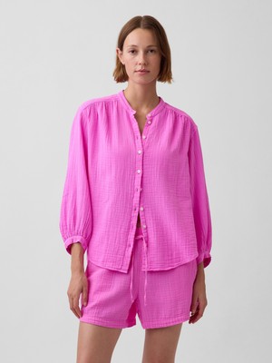 Gap Kadın Pembe Pamuk Gauze Oversized Yakasız Gömlek
