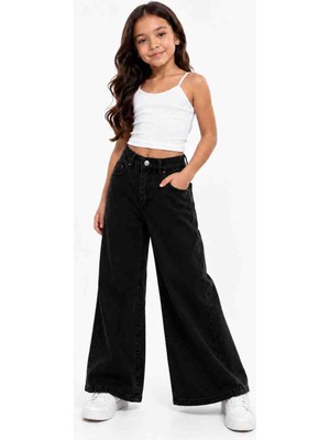 Babido Kız Çocuk Bol Paça Jean Pantolon Wide Leg %100 Pamuklu Rahat Kesim Günlük Denim Pantolon Açık Mavi