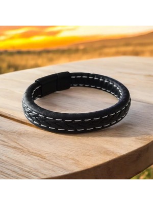 Sibelya Aksesuar %100 Deri̇ Saç Örme Siyah - Siyah Bi̇lekli̇k Miknatis Kapama 21 cm EBI_8208