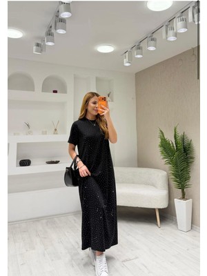 Trending Size Modal Dokulu Taş Detaylı Kısa Kol Elbise