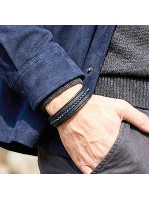 Sibelya Aksesuar %100 Deri Çoklu Mavi Hematit Taşlı Siyah Bileklik Mıknatıs Kapama 21 cm EBI_8283