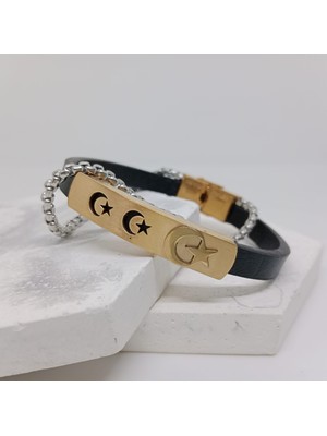 Sibelya Aksesuar % 100 Deri̇ Çoklu 3'lü '' Ay Yıldız '' Fi̇gürlü Çeli̇k Zi̇nci̇rli̇ Gold Bi̇lekli̇k Krom Kapama 21 cm EBI_8250