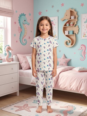 Empressco Kız Çocuk %100 Pamuklu Beyaz Deniz Atı Desenli Yazlık Kısa Kollu Pijama Takımı